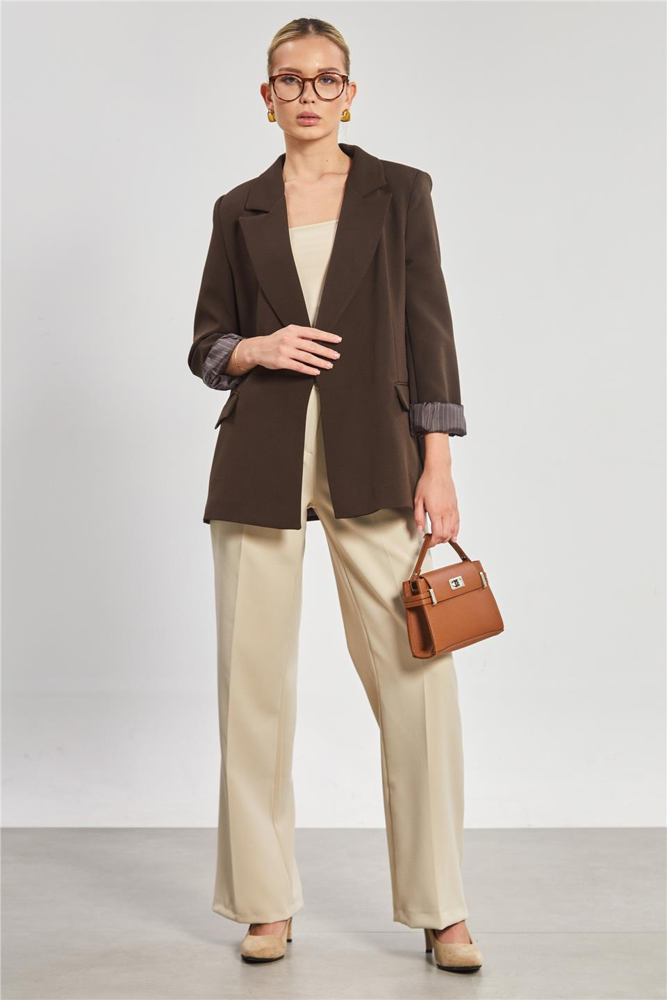 Çizgili astarlı blazer ceket-7560 Kahve