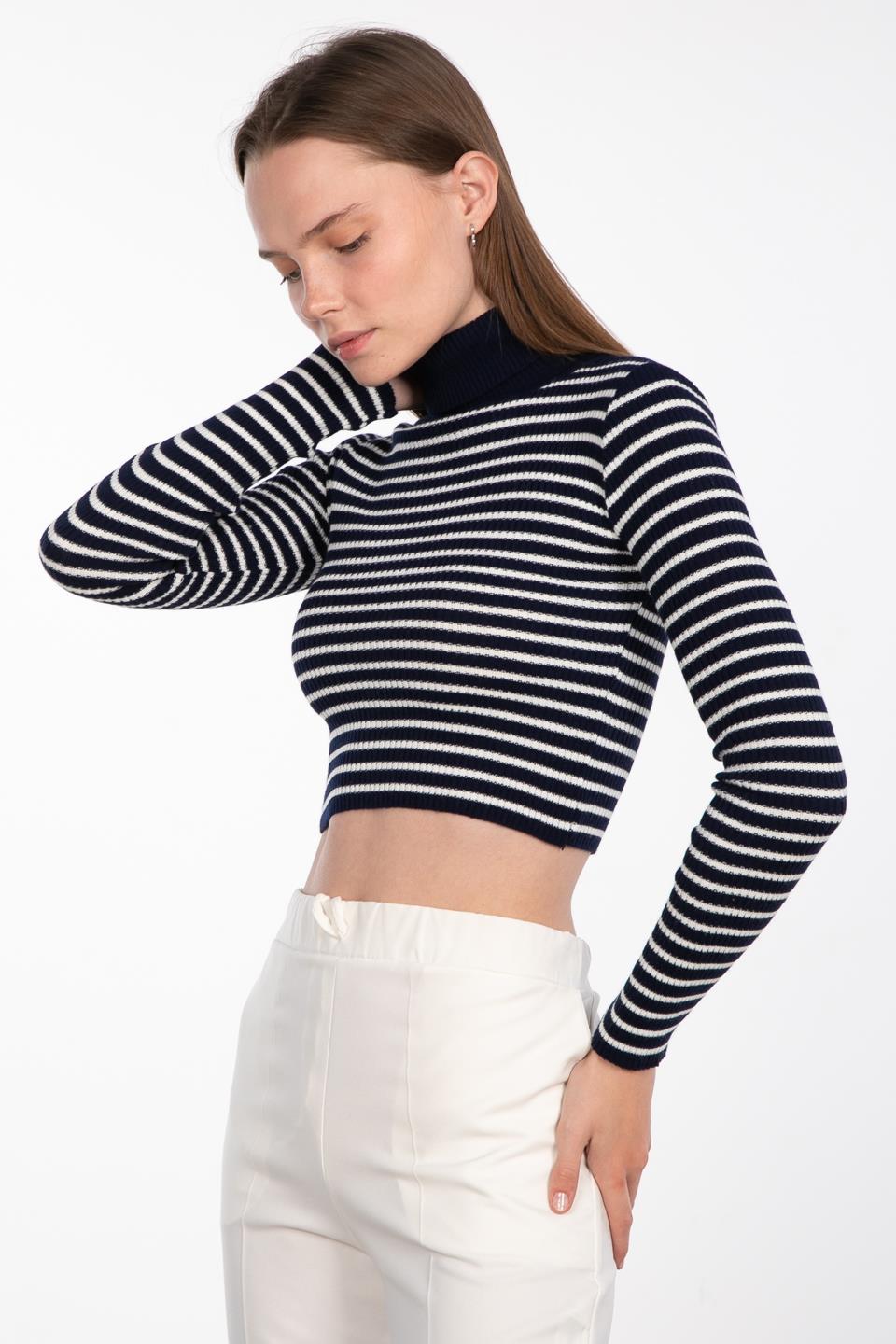 Çizgili balıkçı yaka body-4077 Lacivert/Kemik