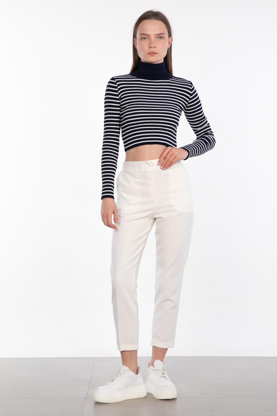 Çizgili balıkçı yaka body-4077 Lacivert/Kemik