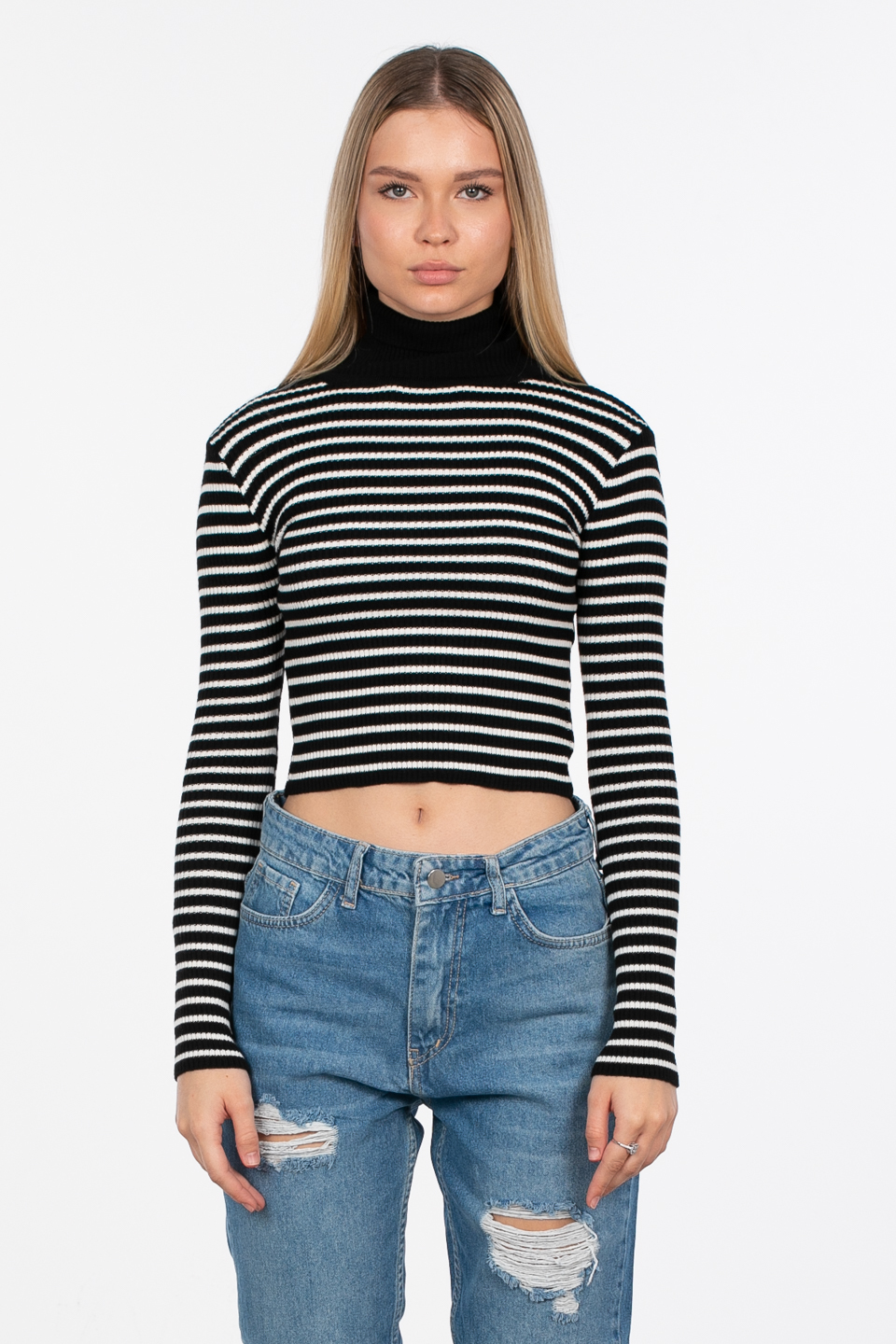 Çizgili balıkçı yaka body-4077 Siyah/Kemik