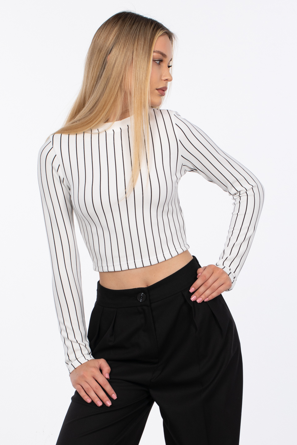 Çizgili bisiklet yaka body-2115 Beyaz/Lacivert