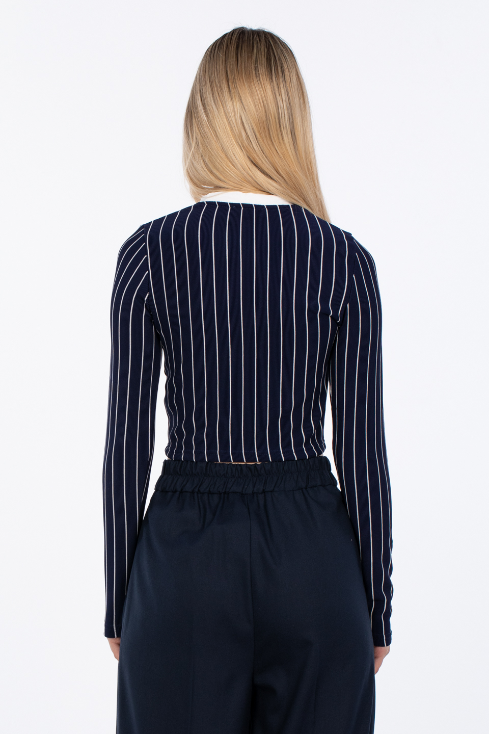 Çizgili bisiklet yaka body-2115 Lacivert/Beyaz