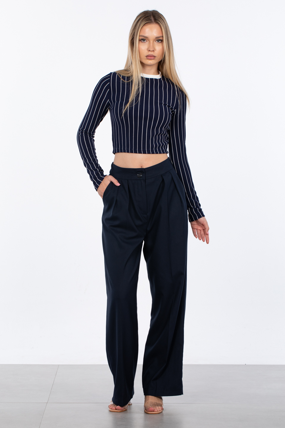 Çizgili bisiklet yaka body-2115 Lacivert/Beyaz