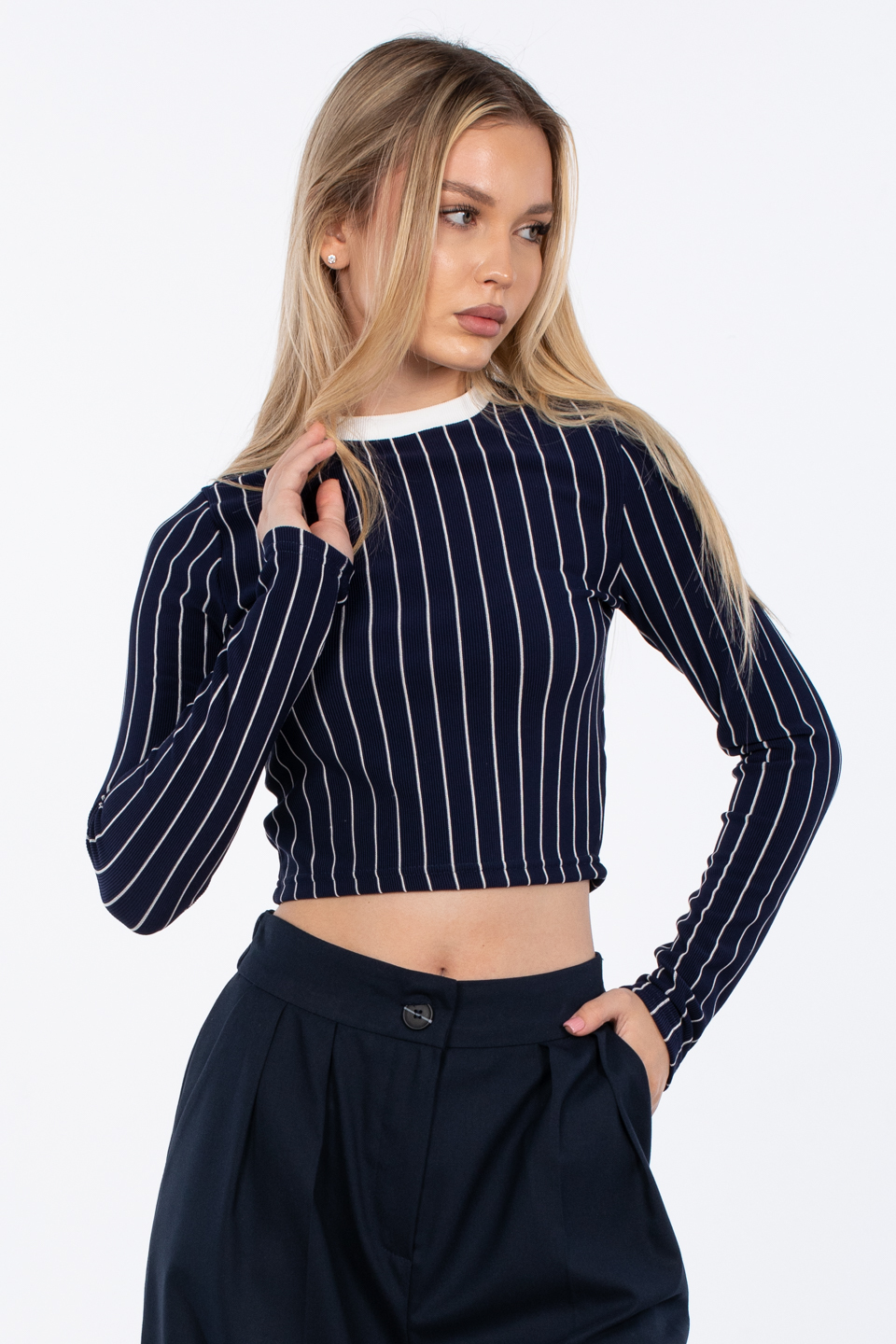Çizgili bisiklet yaka body-2115 Lacivert/Beyaz