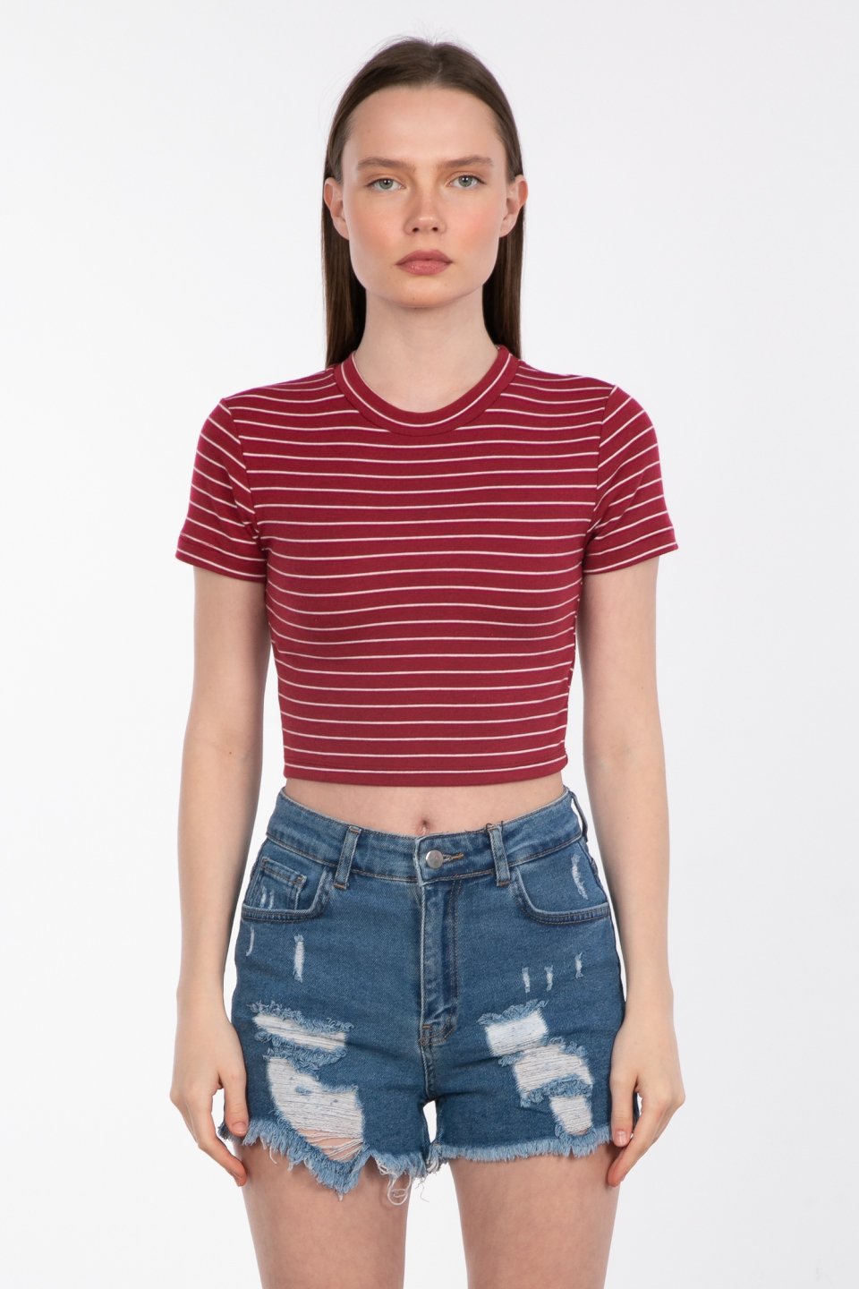 Çizgili bisiklet yaka crop t-shirt-5019 Bordo