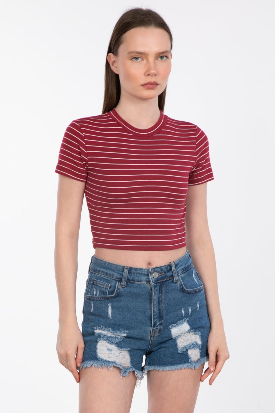 Çizgili bisiklet yaka crop t-shirt-5019 Bordo