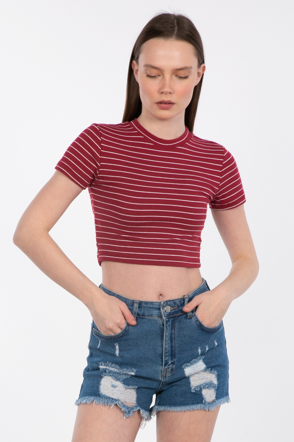 Çizgili bisiklet yaka crop t-shirt-5019 Bordo
