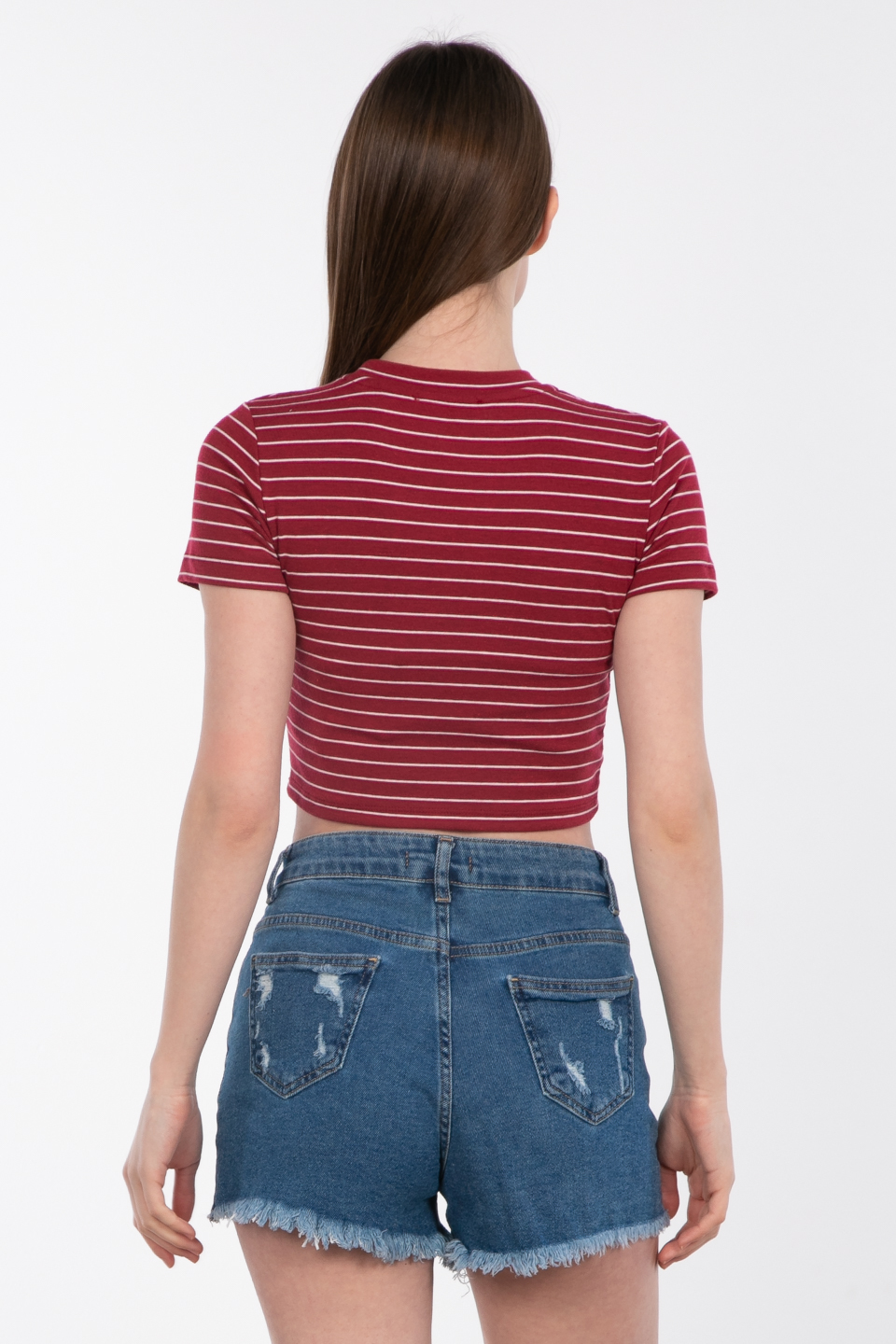 Çizgili bisiklet yaka crop t-shirt-5019 Bordo