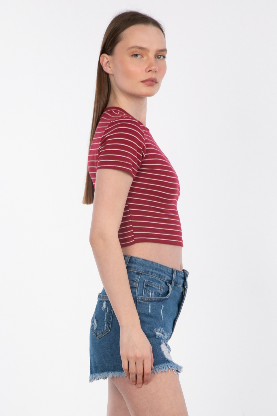 Çizgili bisiklet yaka crop t-shirt-5019 Bordo