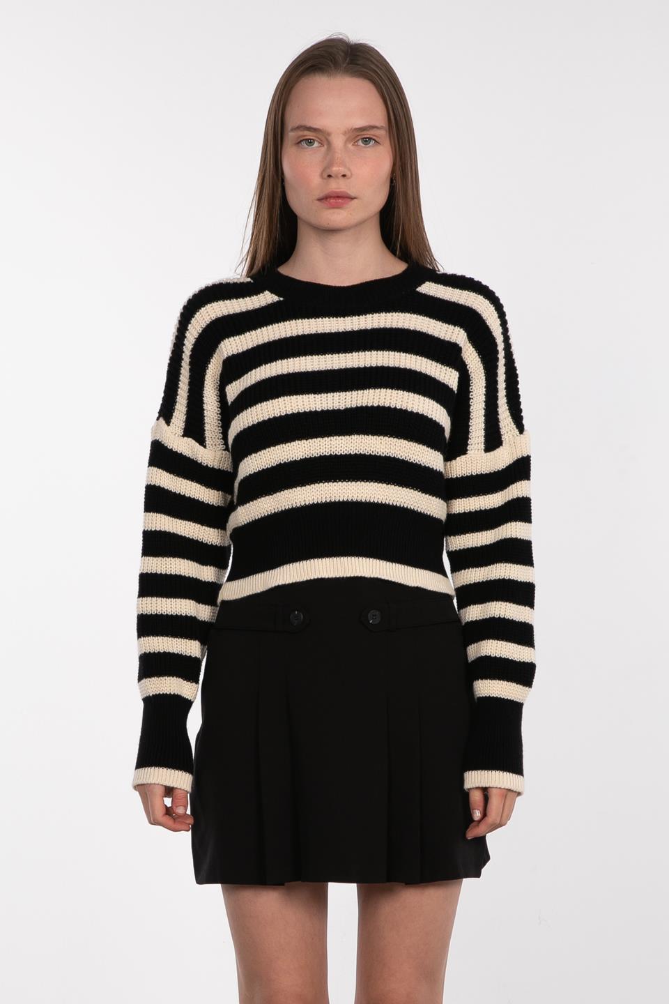 Çizgili bisiklet yaka kazak-7050 Siyah/Ten