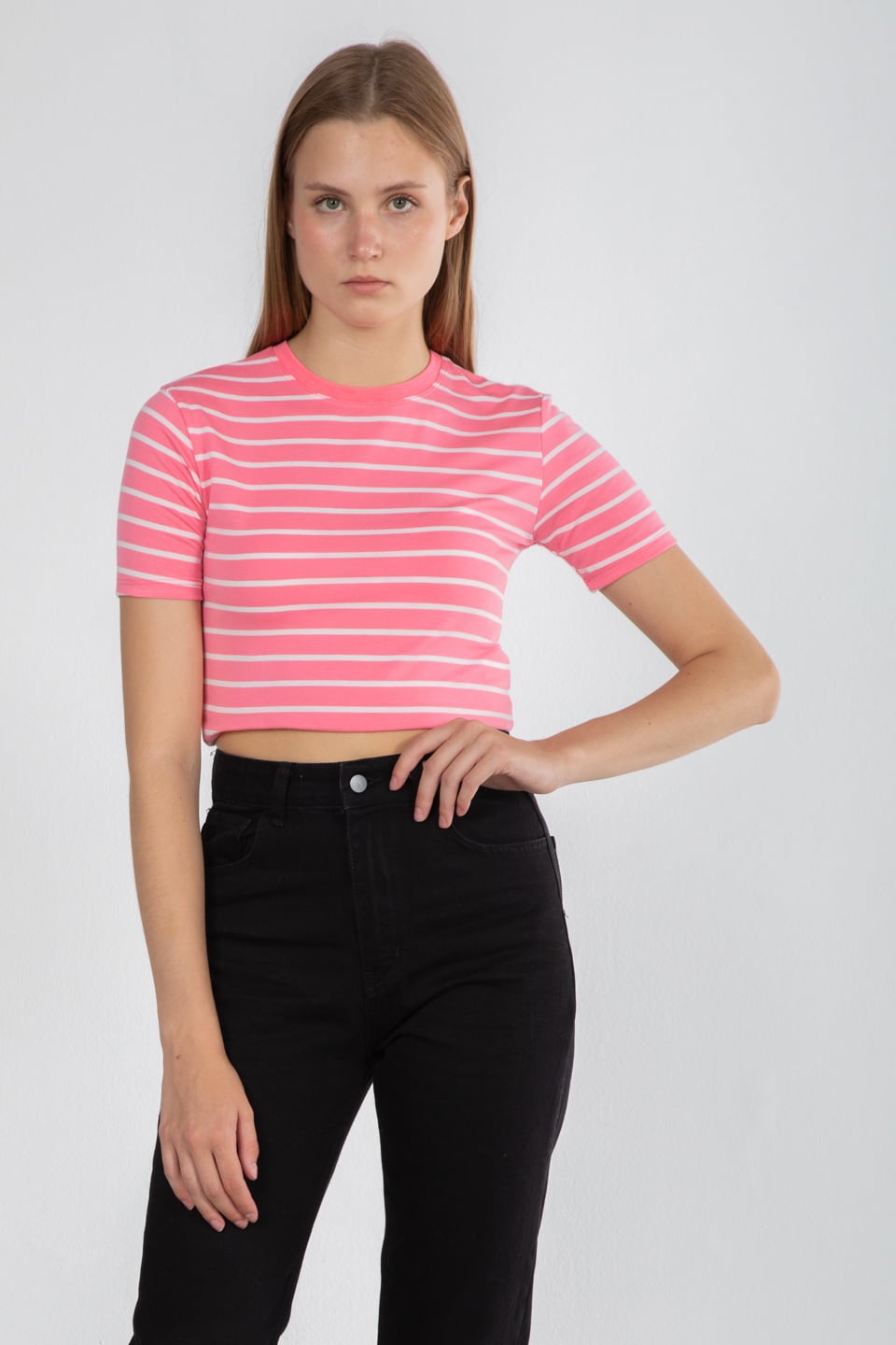 Çizgili bisiklet yaka t-shirt-DVN0467 Pembe Çiz.