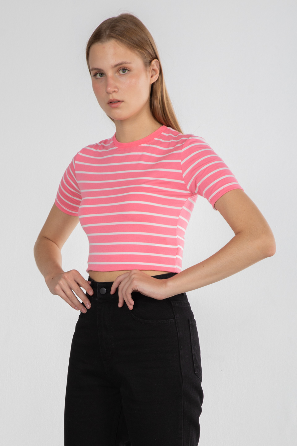 Çizgili bisiklet yaka t-shirt-DVN0467 Pembe Çiz.