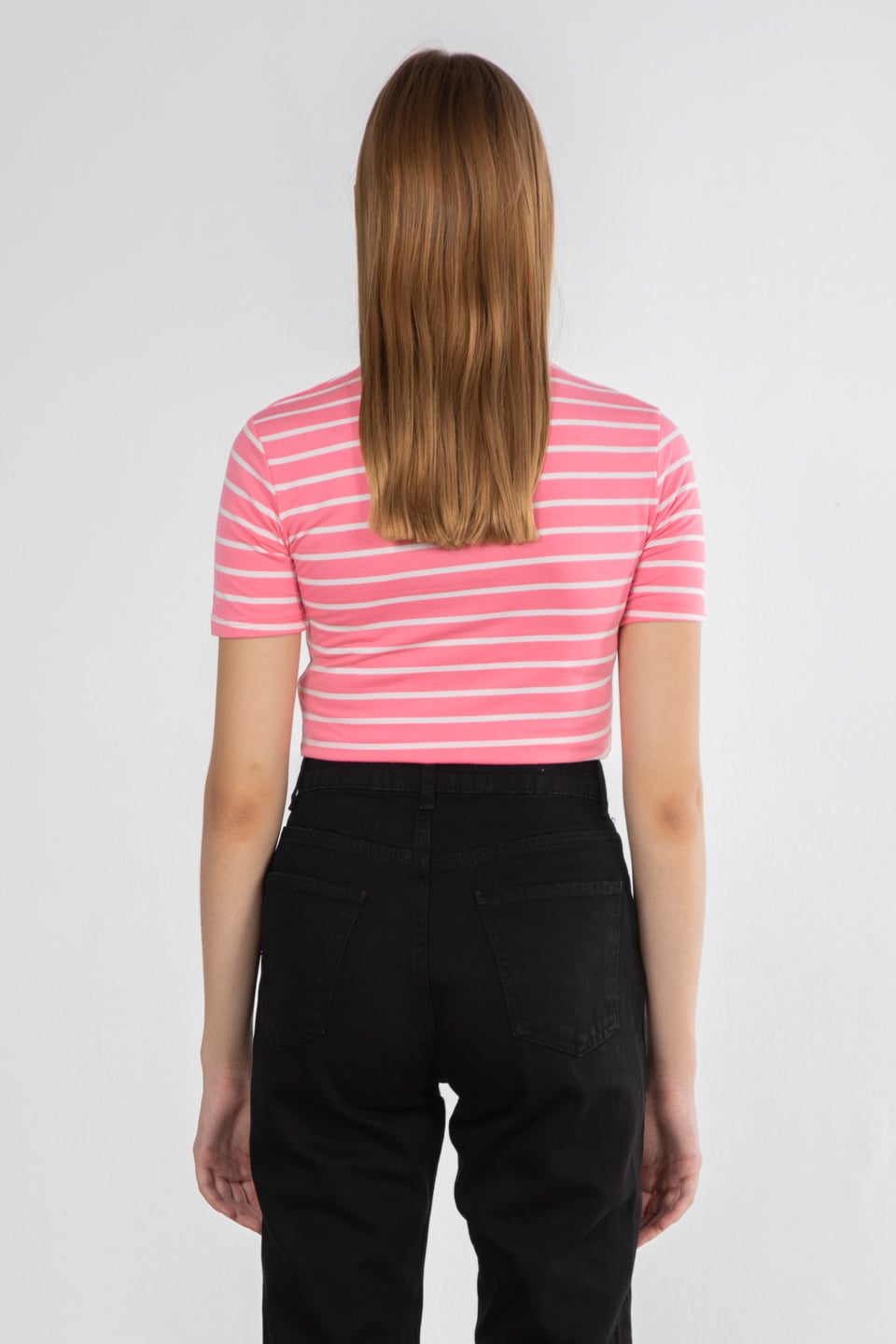 Çizgili bisiklet yaka t-shirt-DVN0467 Pembe Çiz.