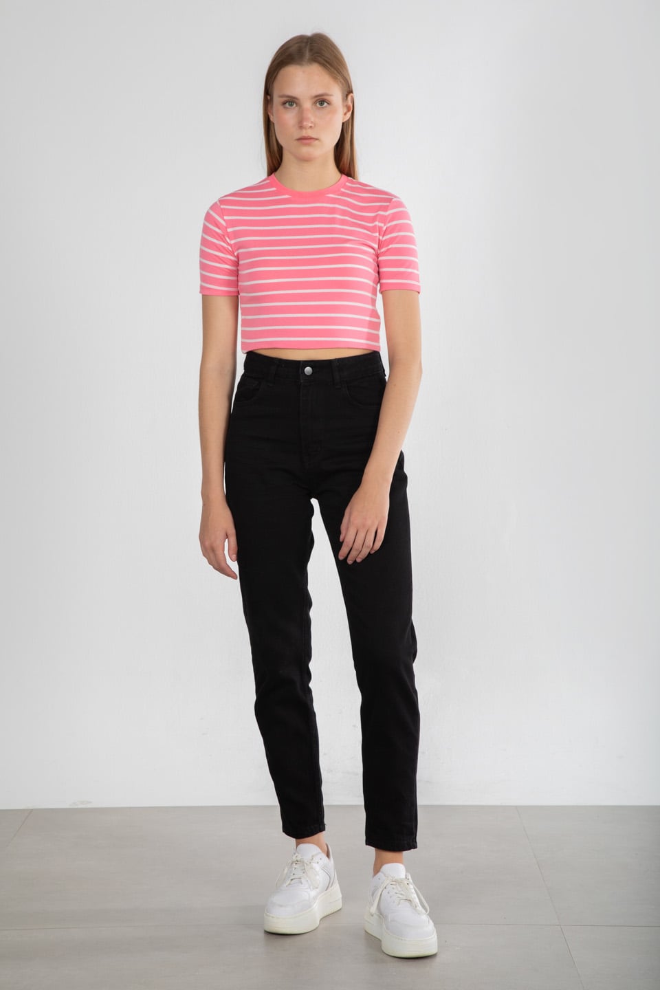 Çizgili bisiklet yaka t-shirt-DVN0467 Pembe Çiz.