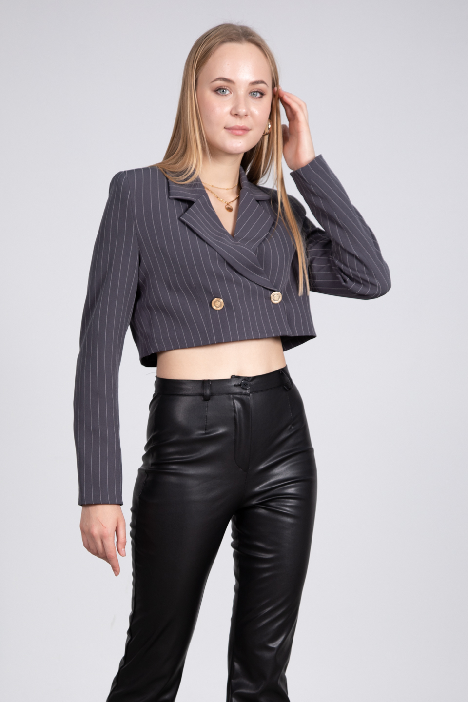 Çizgili crop ceket-8110 Gri
