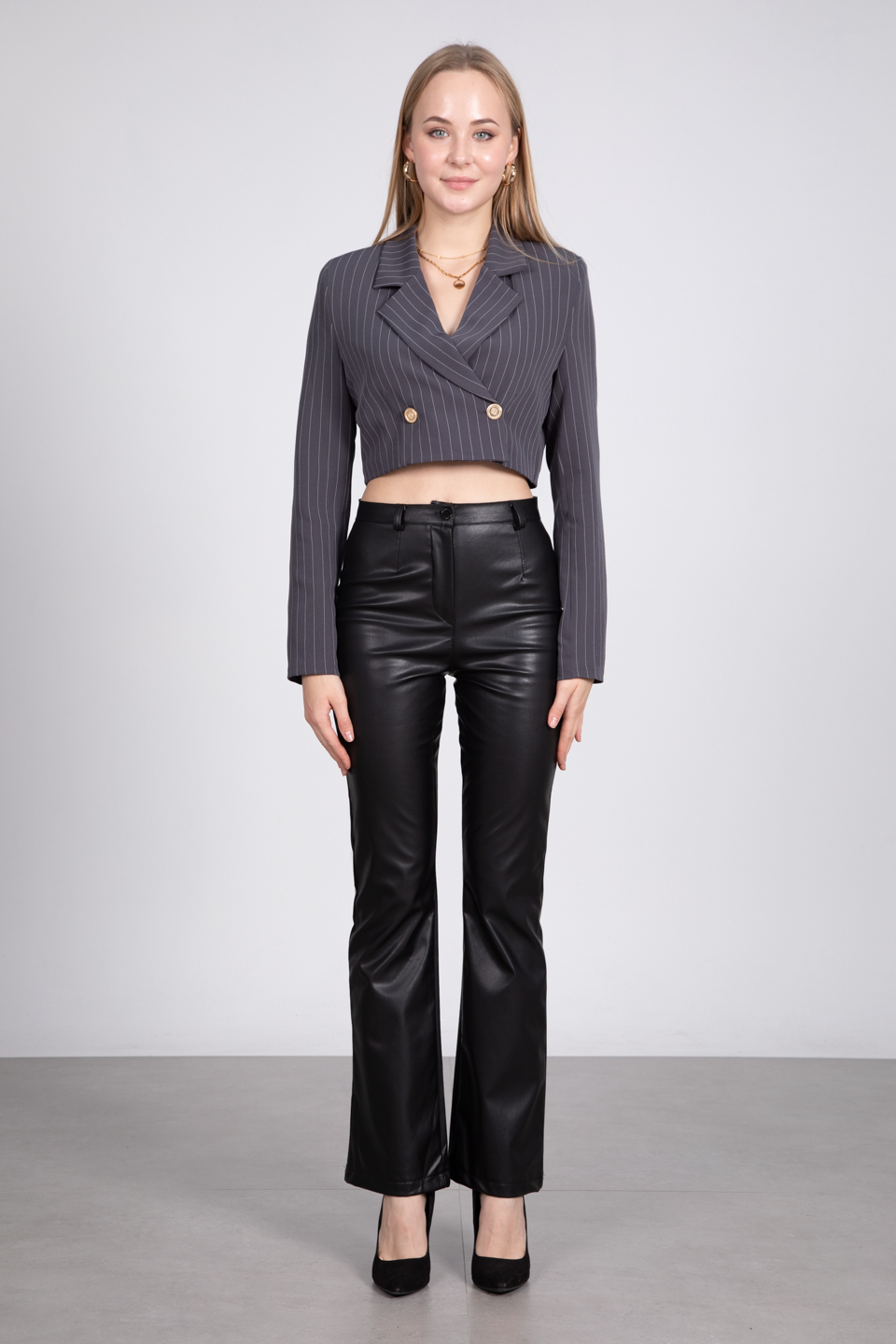 Çizgili crop ceket-8110 Gri