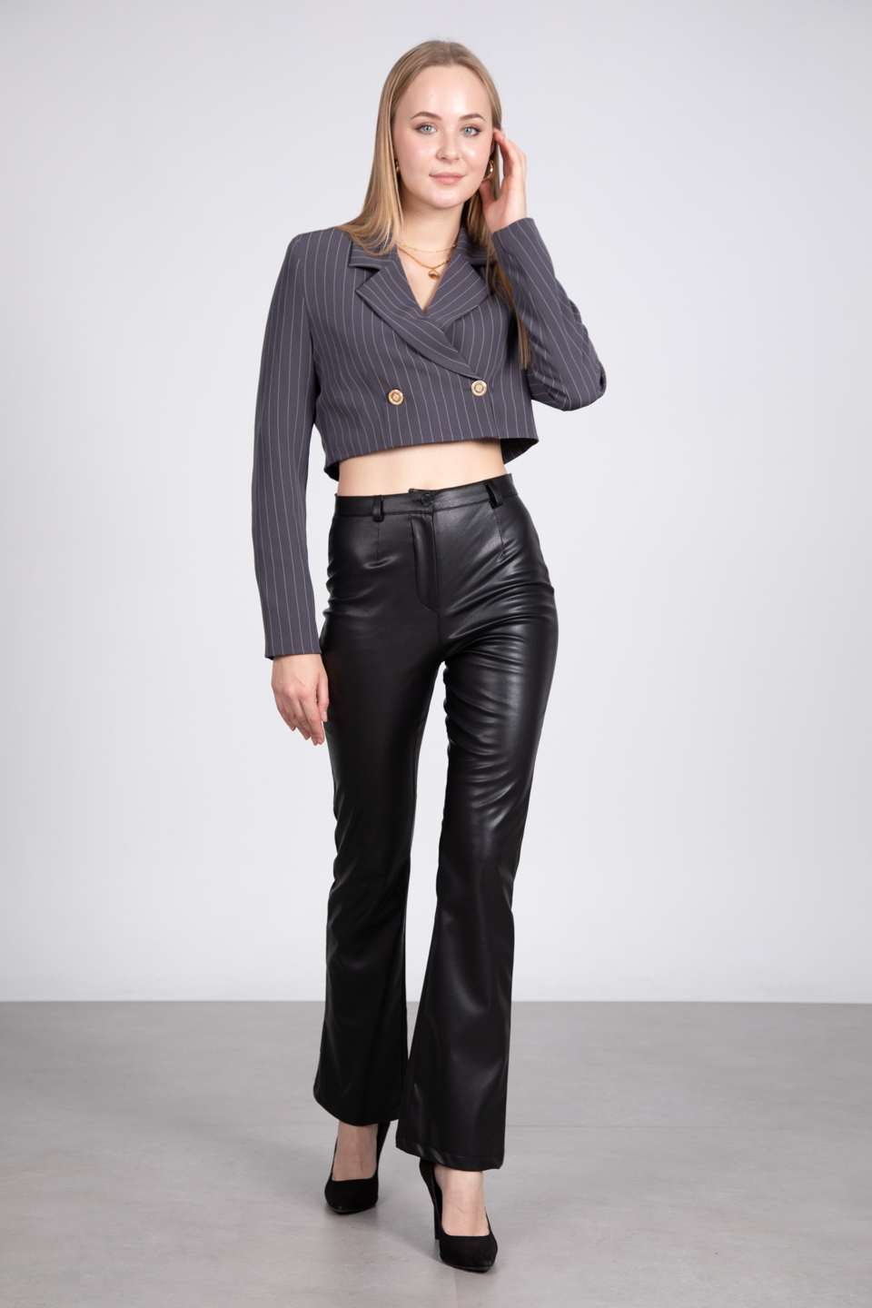Çizgili crop ceket-8110 Gri