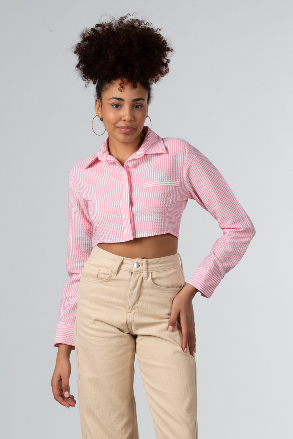 Çizgili crop gömlek-9034 Pembe Ç.