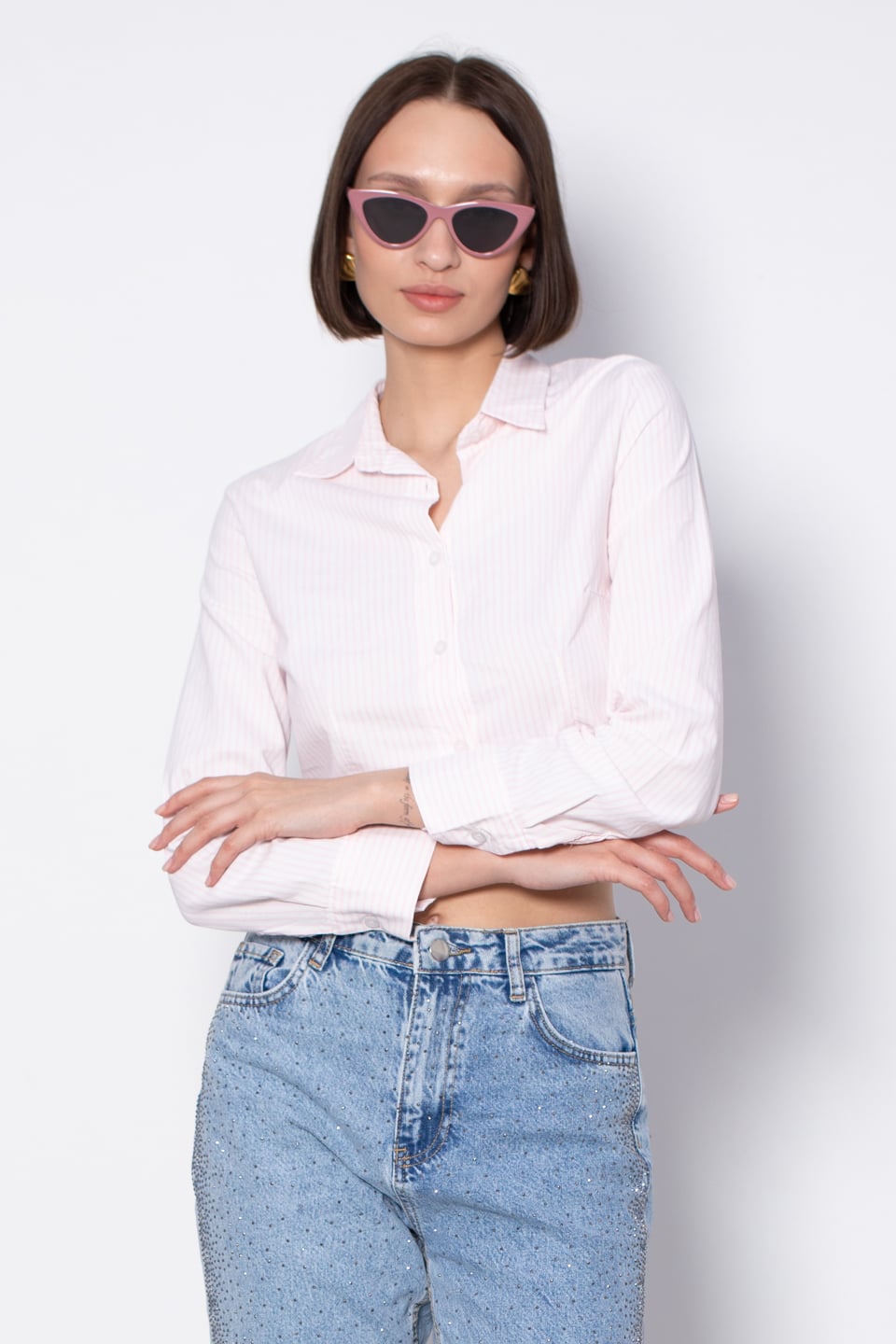 Çizgili crop gömlek-9806 Pembe