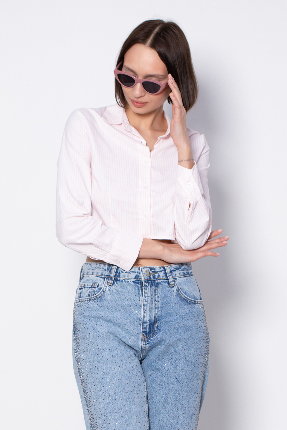 Çizgili crop gömlek-9806 Pembe