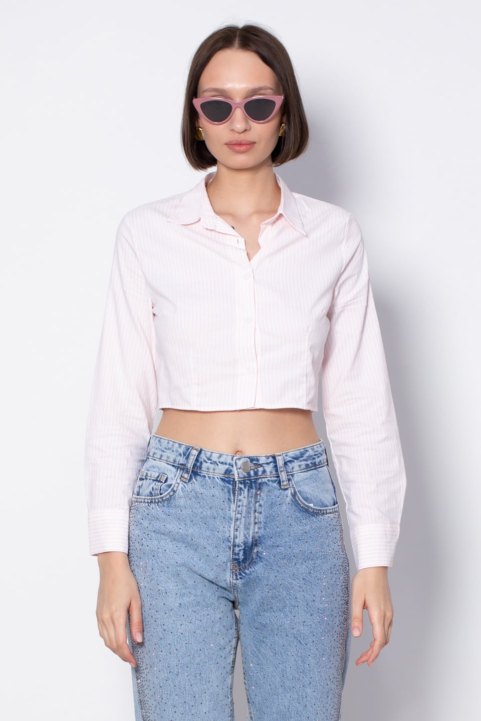 Çizgili crop gömlek-9806 Pembe