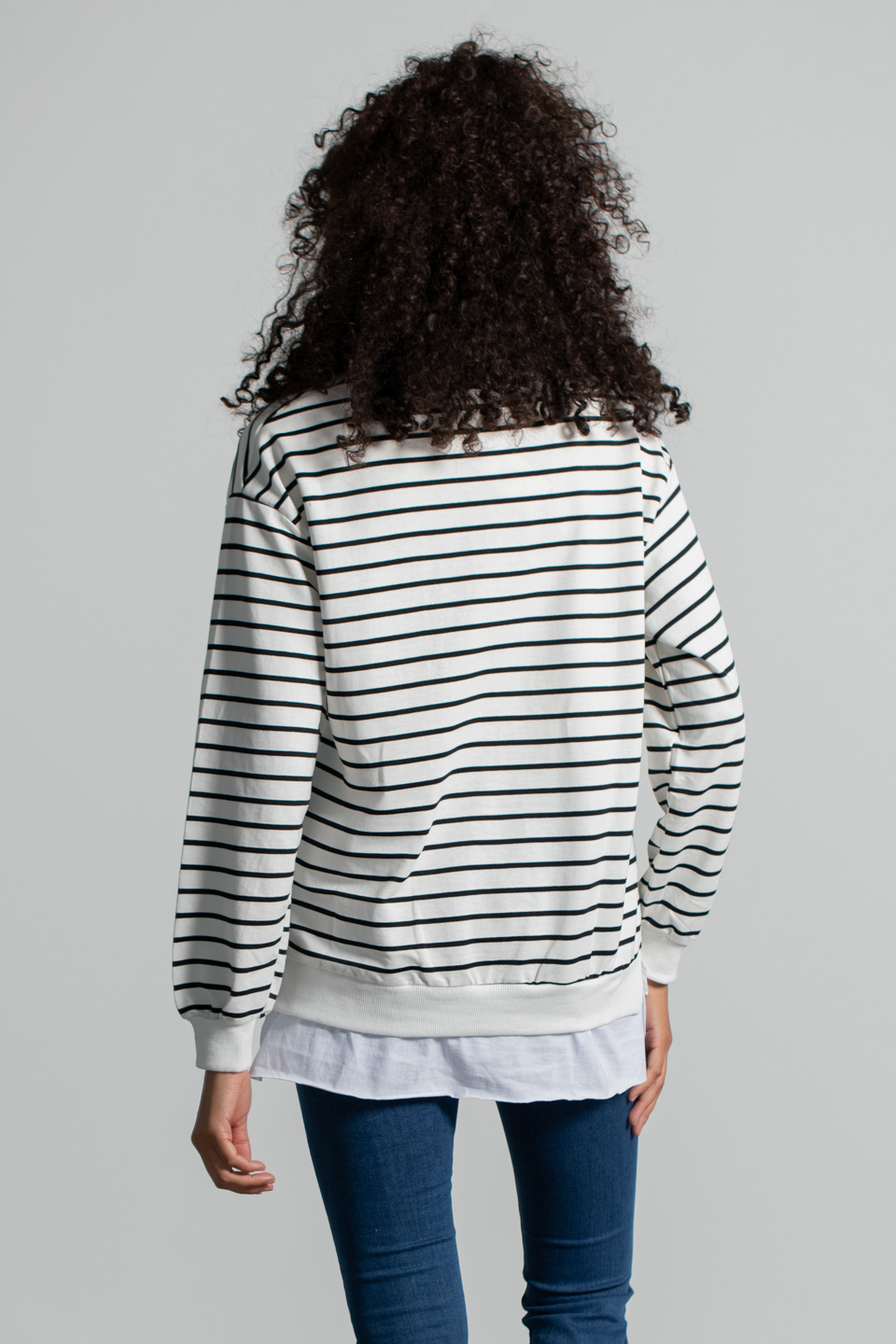 Çizgili Eteği Garnili Sweatshirt - Beyaz