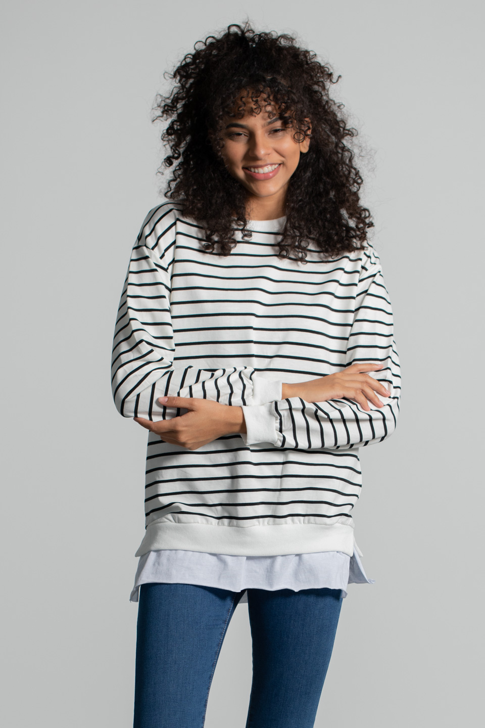 Çizgili Eteği Garnili Sweatshirt - Beyaz