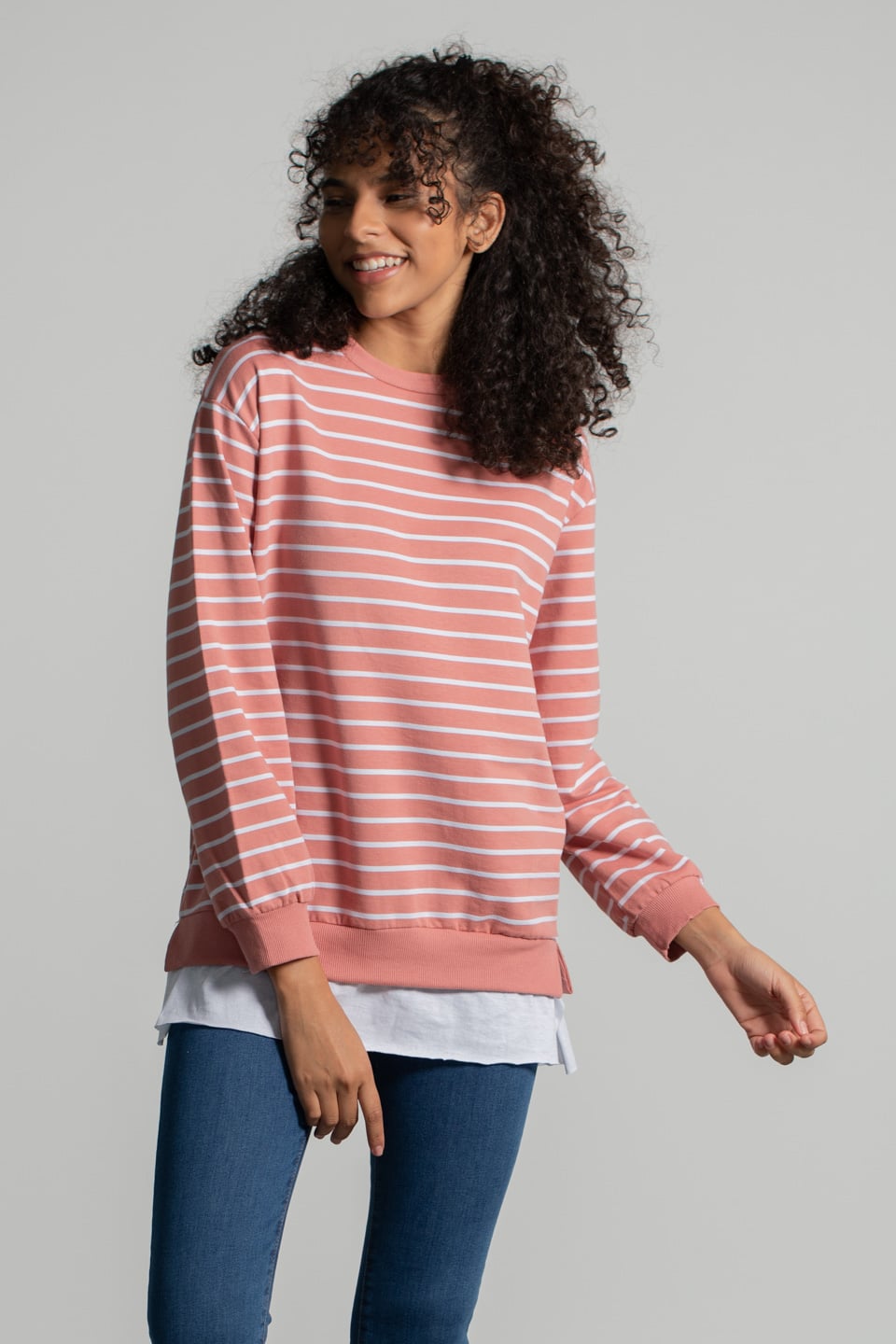 Çizgili Eteği Garnili Sweatshirt - Gül Kurusu