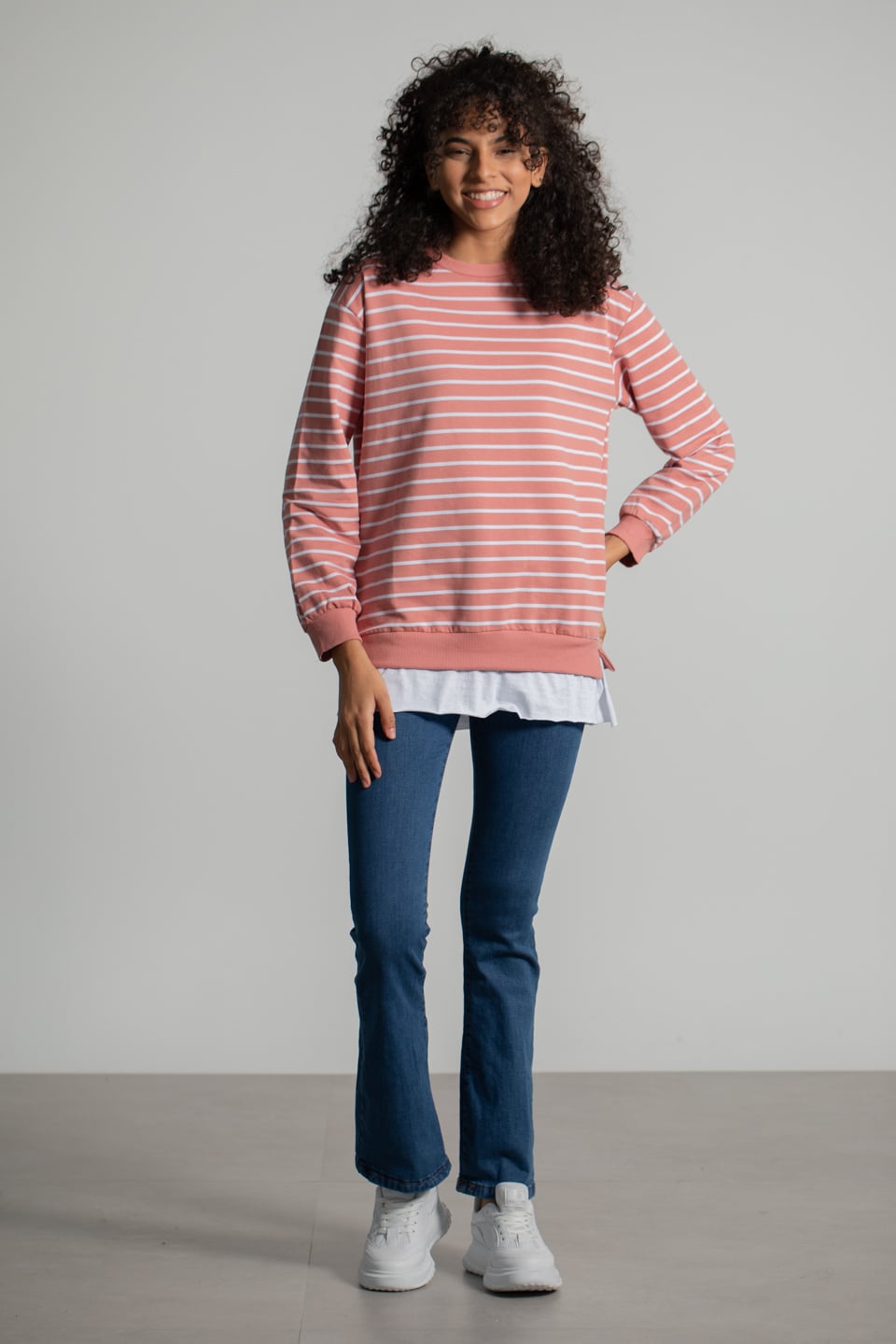 Çizgili Eteği Garnili Sweatshirt - Gül Kurusu