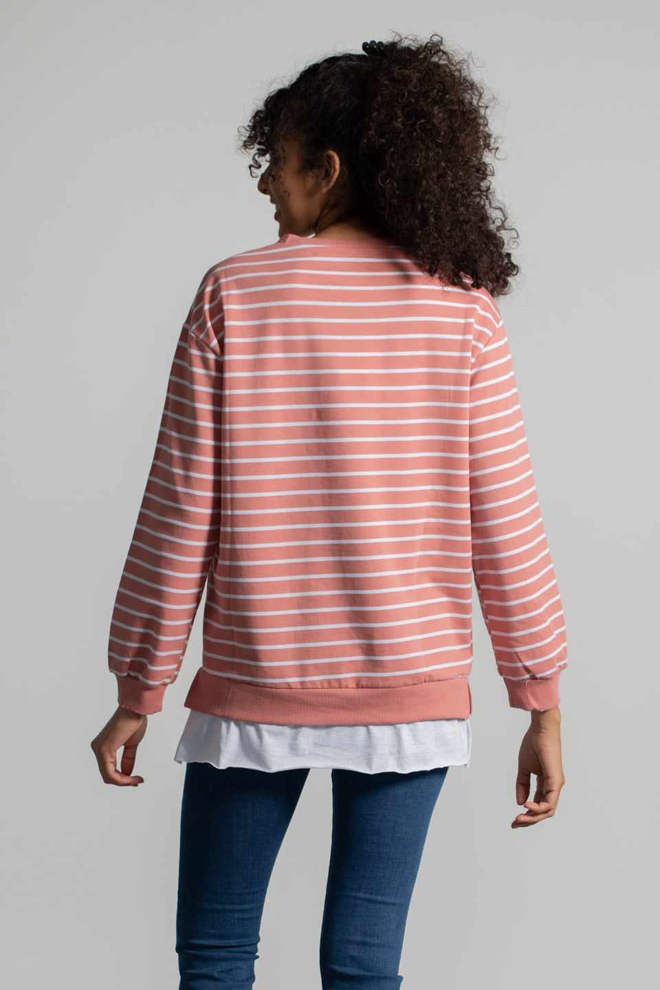 Çizgili Eteği Garnili Sweatshirt - Gül Kurusu