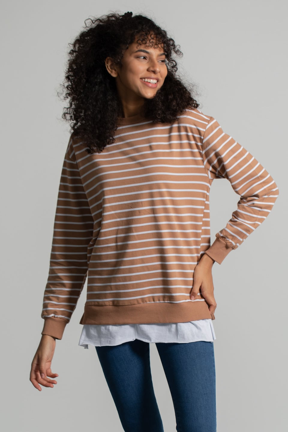 Çizgili Eteği Garnili Sweatshirt - Kahve