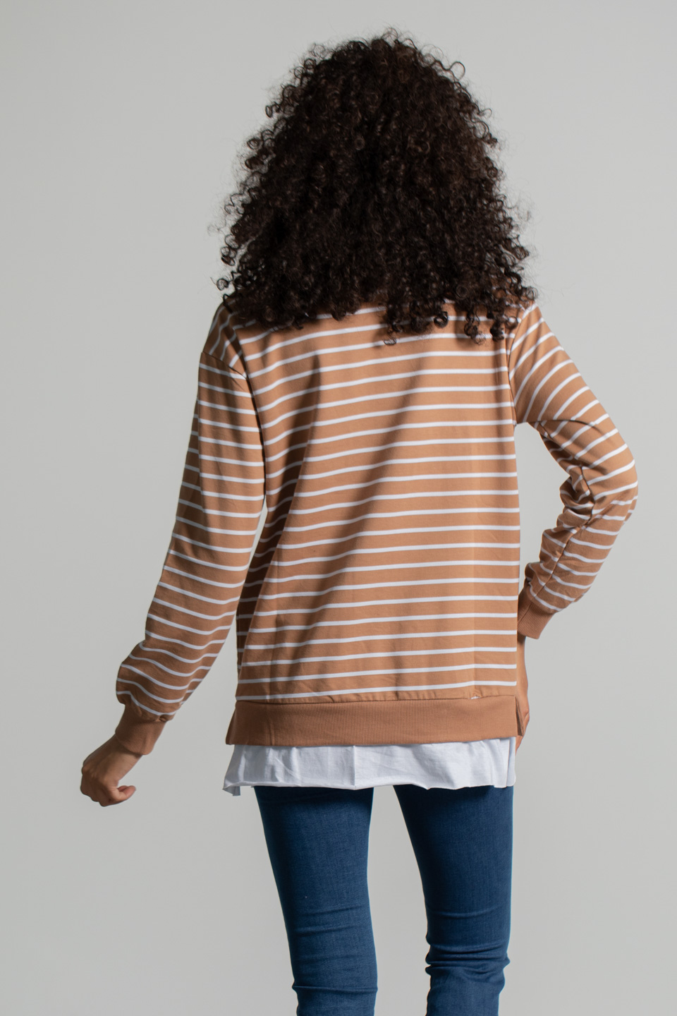 Çizgili Eteği Garnili Sweatshirt - Kahve