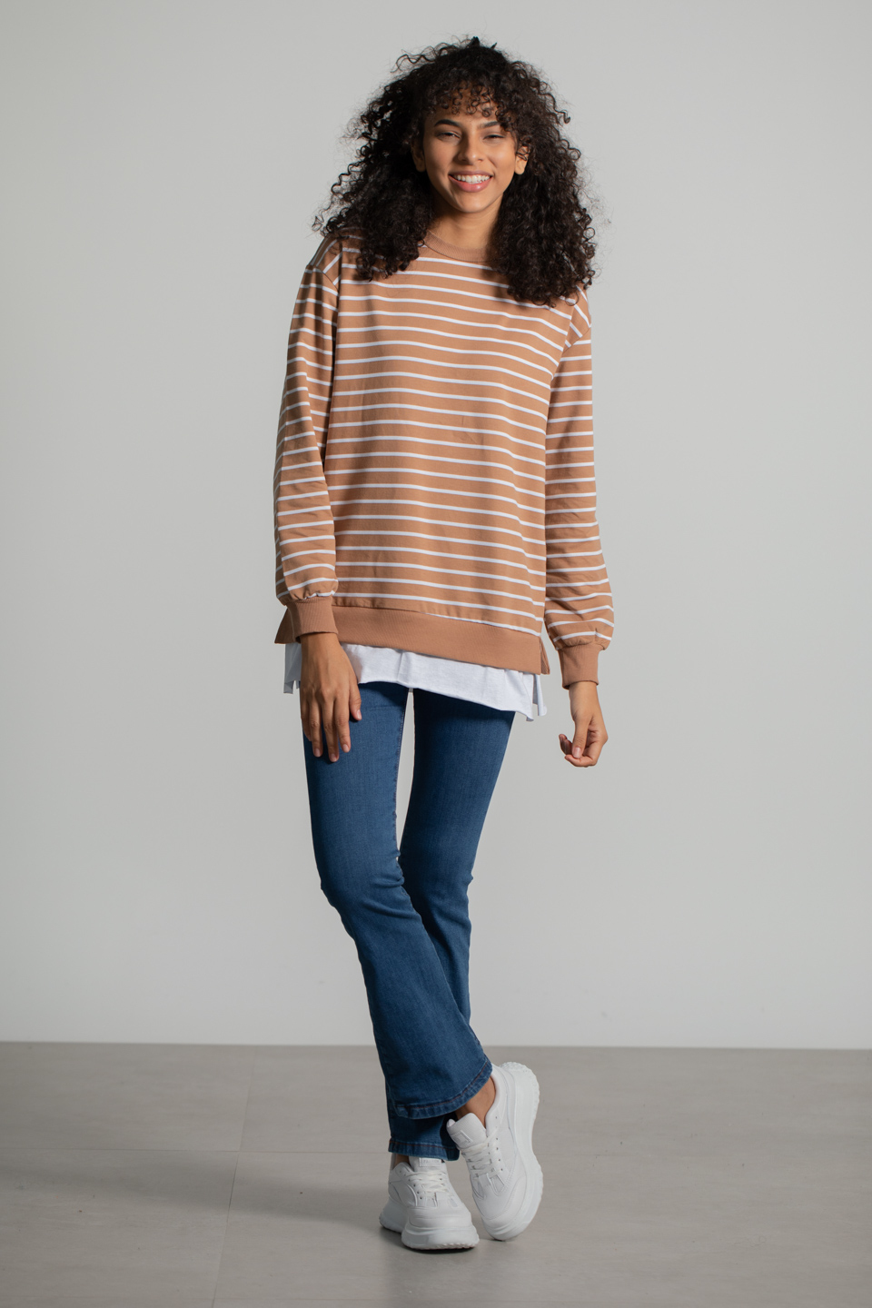 Çizgili Eteği Garnili Sweatshirt - Kahve