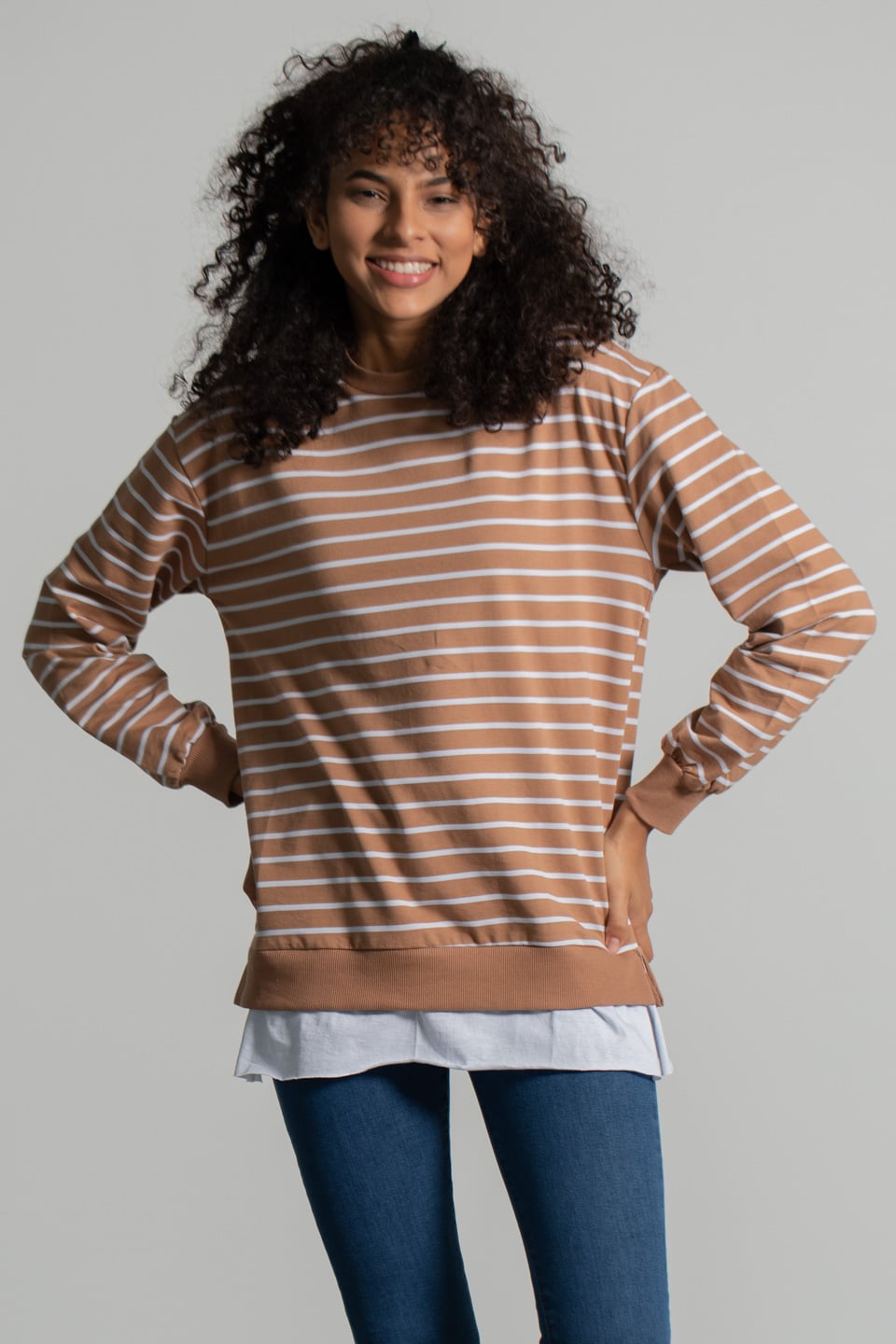 Çizgili Eteği Garnili Sweatshirt - Kahve