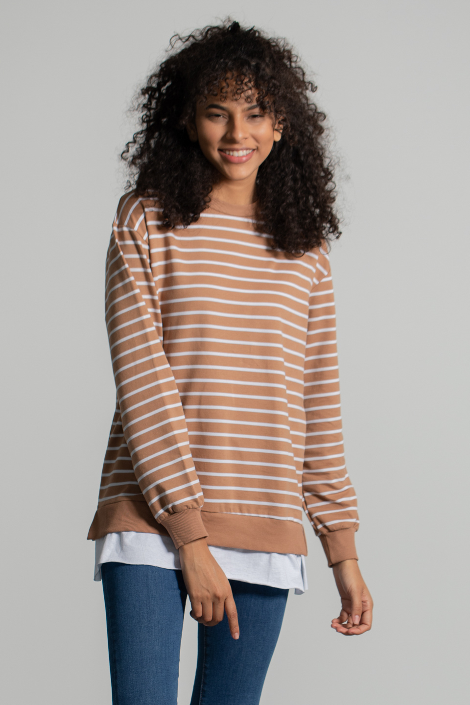 Çizgili Eteği Garnili Sweatshirt - Kahve