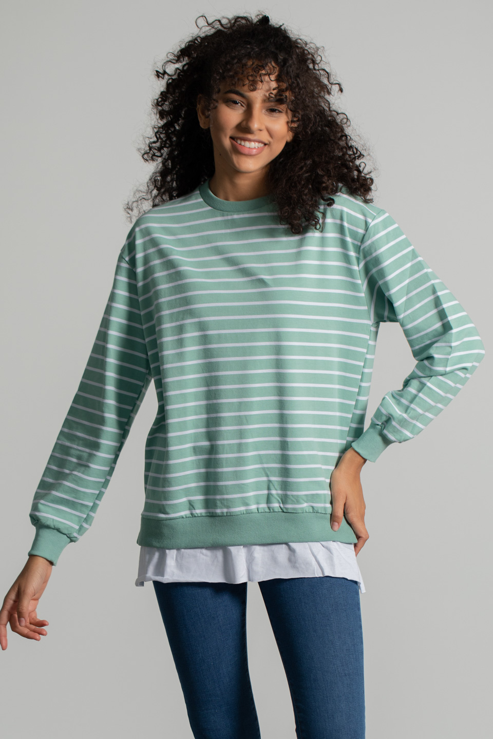 Çizgili Eteği Garnili Sweatshirt - Mint