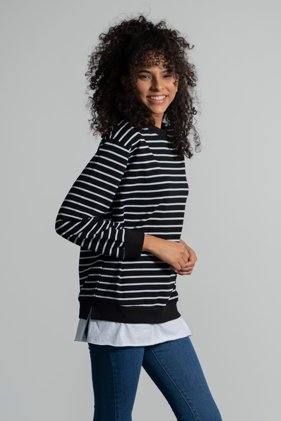 Çizgili Eteği Garnili Sweatshirt - Siyah