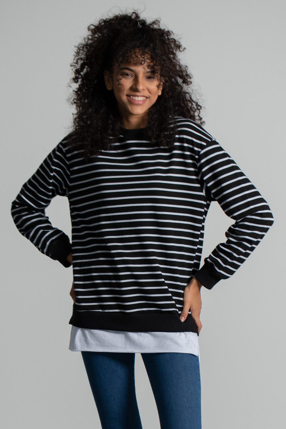 Çizgili Eteği Garnili Sweatshirt - Siyah