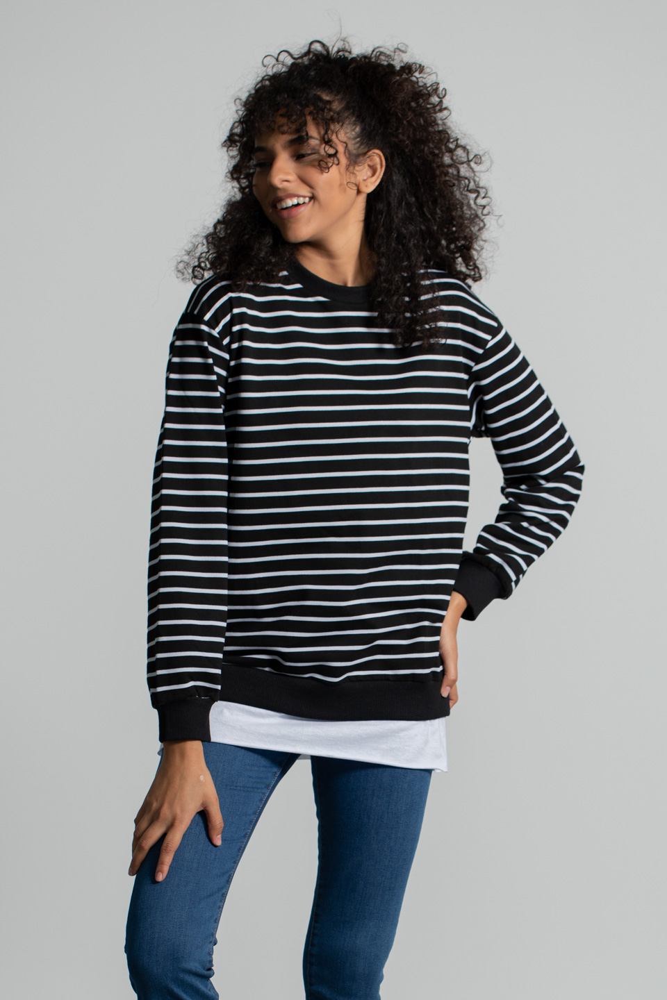 Çizgili Eteği Garnili Sweatshirt - Siyah