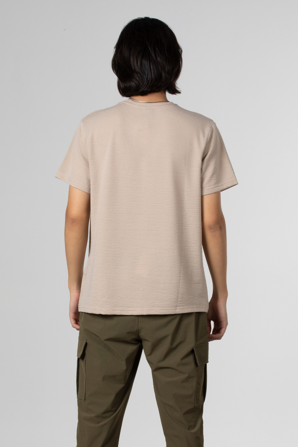 Çizgili gofre bisiklet yaka t-shirt-8027 Taş