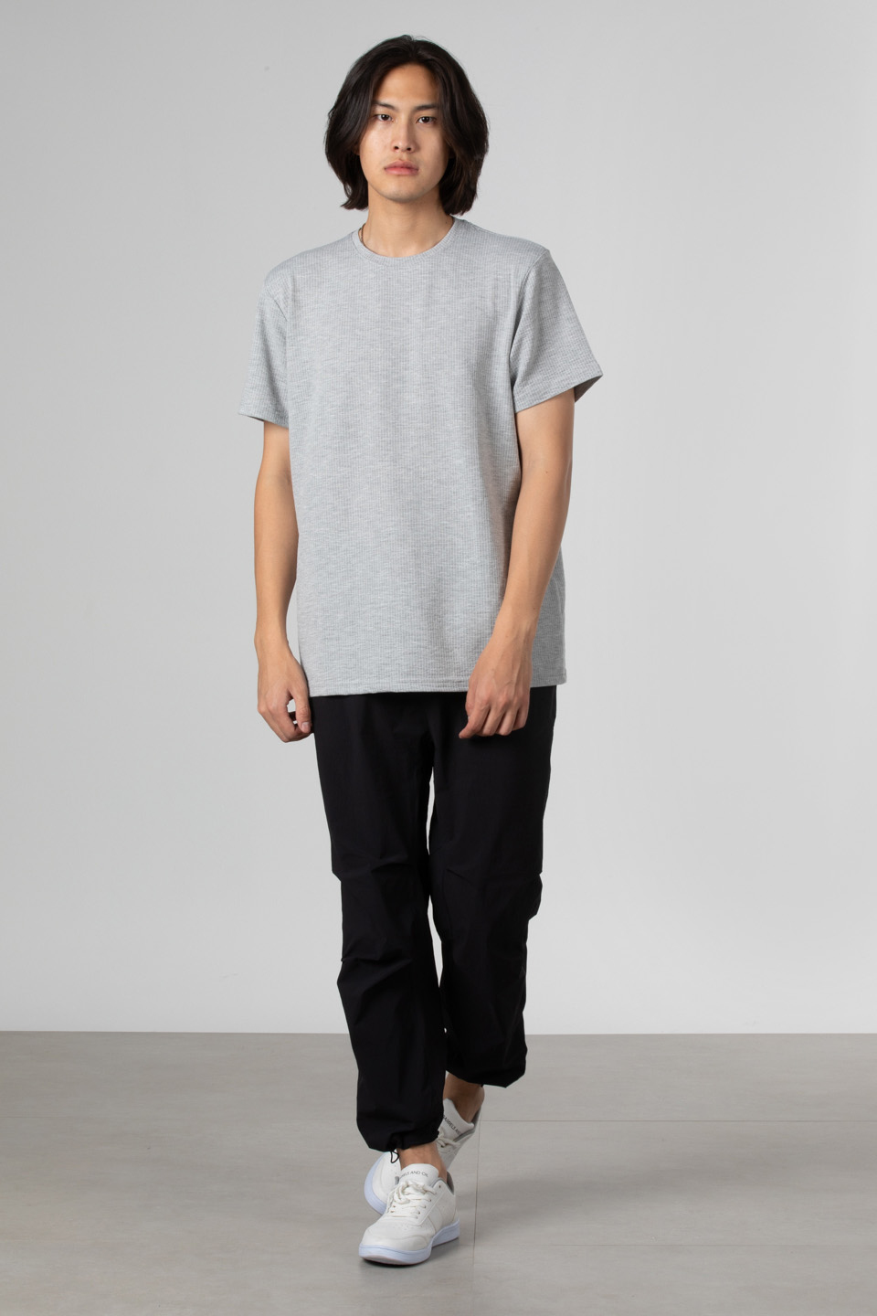 Çizgili gofre bisiklet yaka t-shirt-8027 Gri Melanj