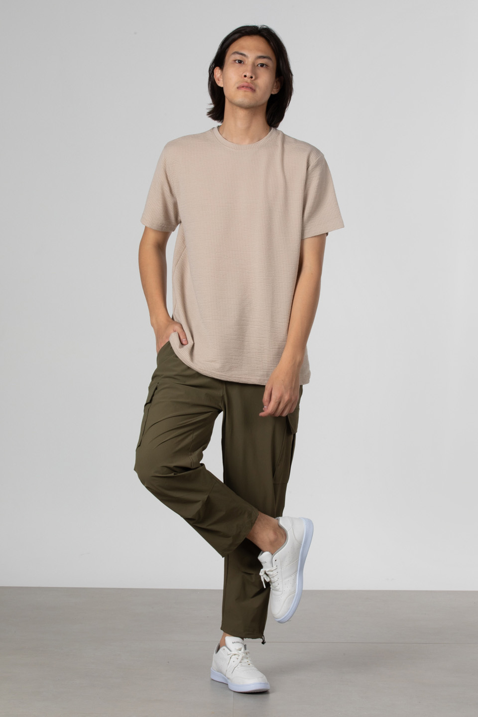 Çizgili gofre bisiklet yaka t-shirt-8027 Taş