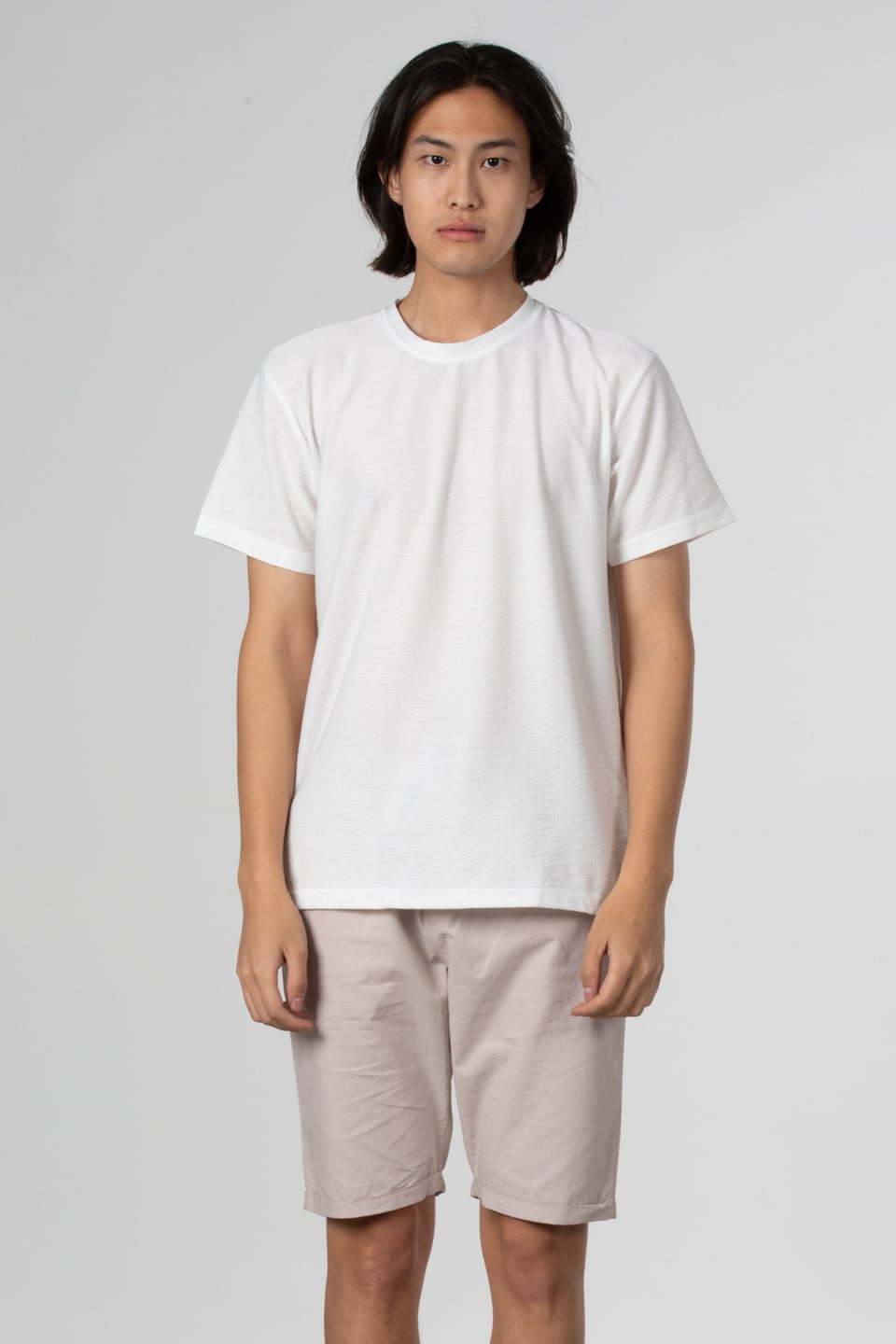 Çizgili gofre bisiklet yaka t-shirt-8027 Beyaz