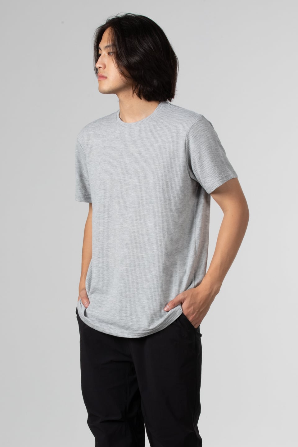 Çizgili gofre bisiklet yaka t-shirt-8027 Gri Melanj