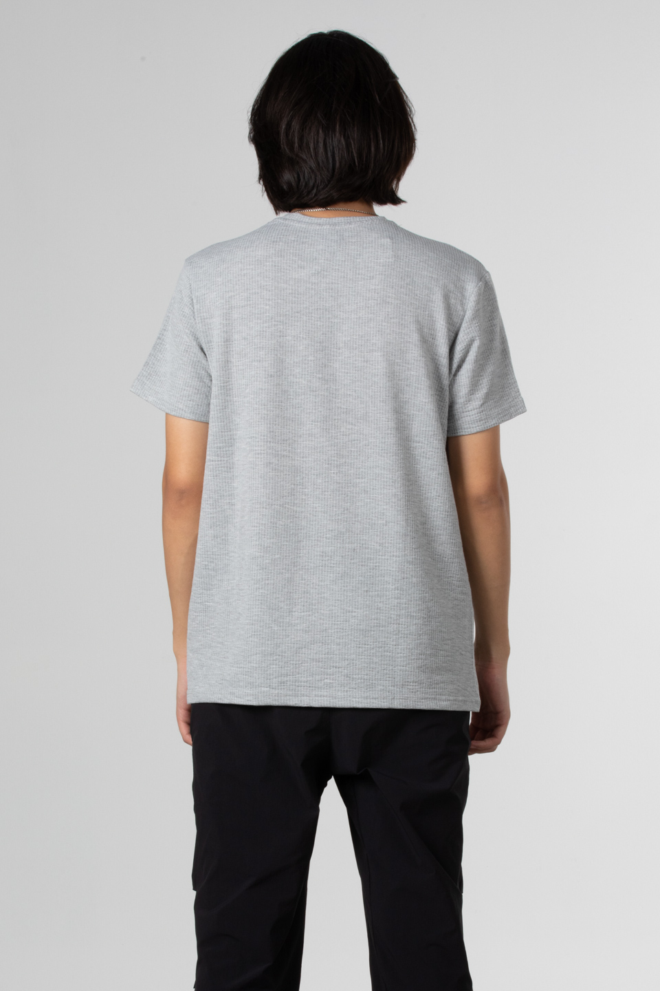 Çizgili gofre bisiklet yaka t-shirt-8027 Gri Melanj