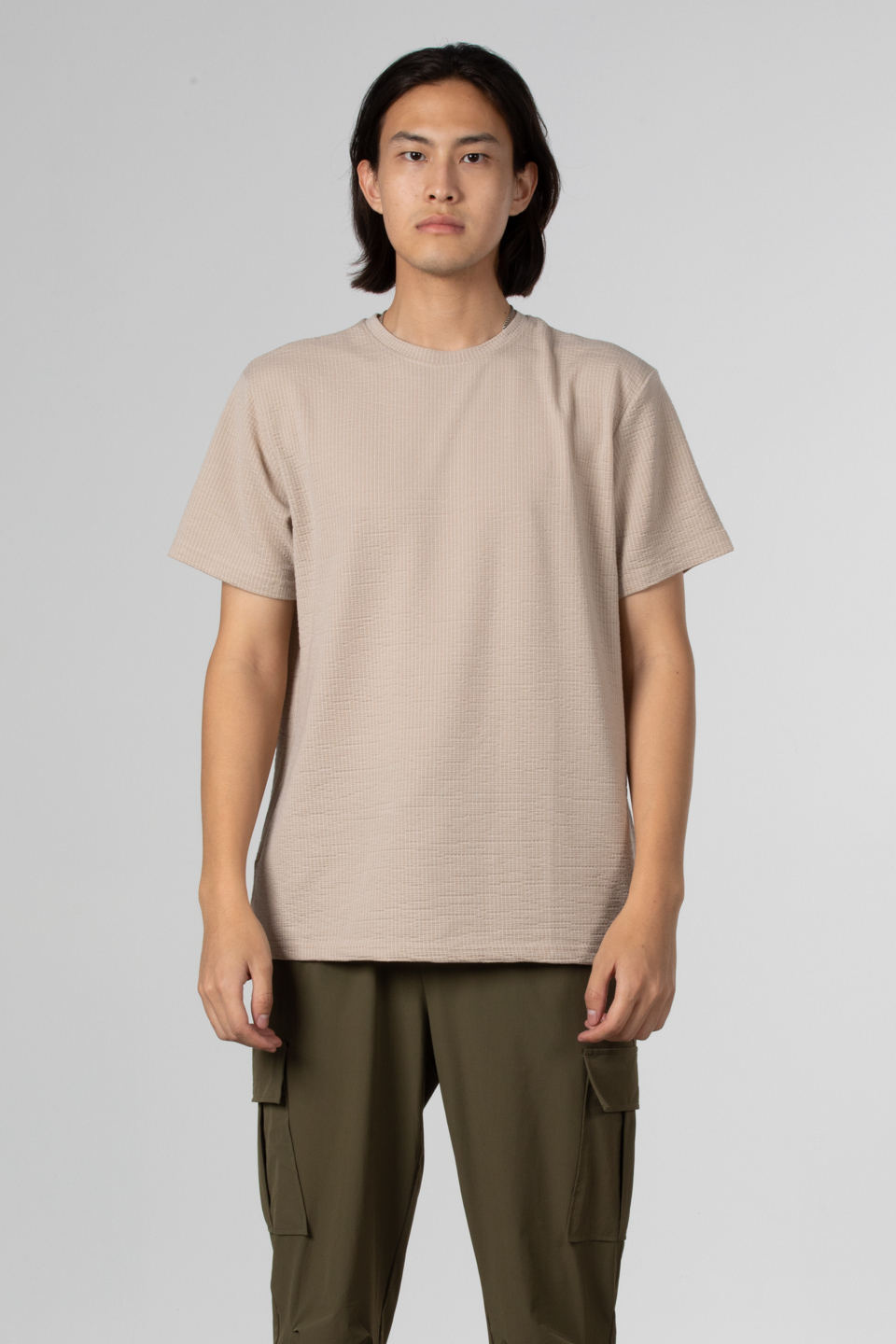 Çizgili gofre bisiklet yaka t-shirt-8027 Taş