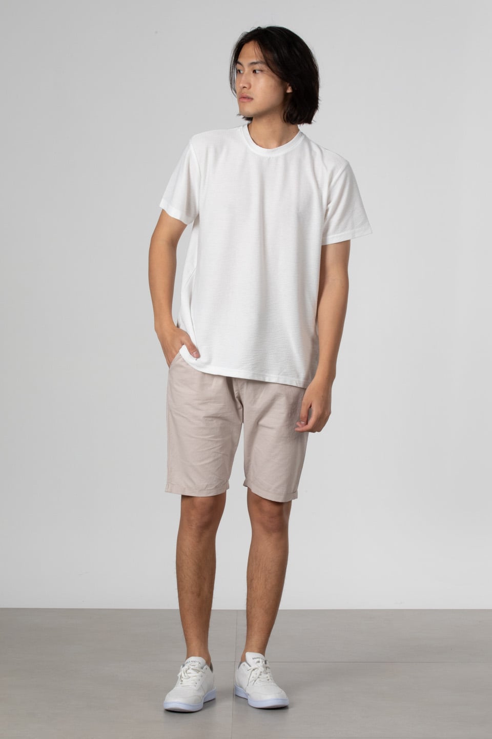 Çizgili gofre bisiklet yaka t-shirt-8027 Beyaz