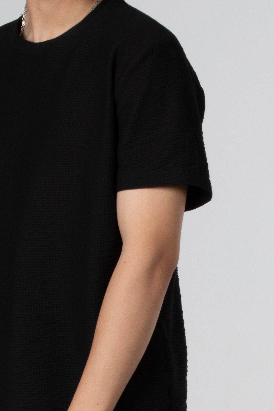 Çizgili gofre bisiklet yaka t-shirt-8027 Siyah