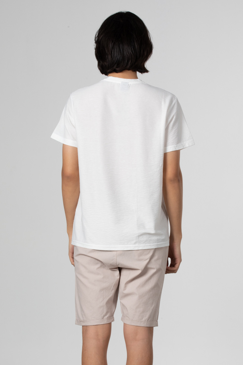 Çizgili gofre bisiklet yaka t-shirt-8027 Beyaz