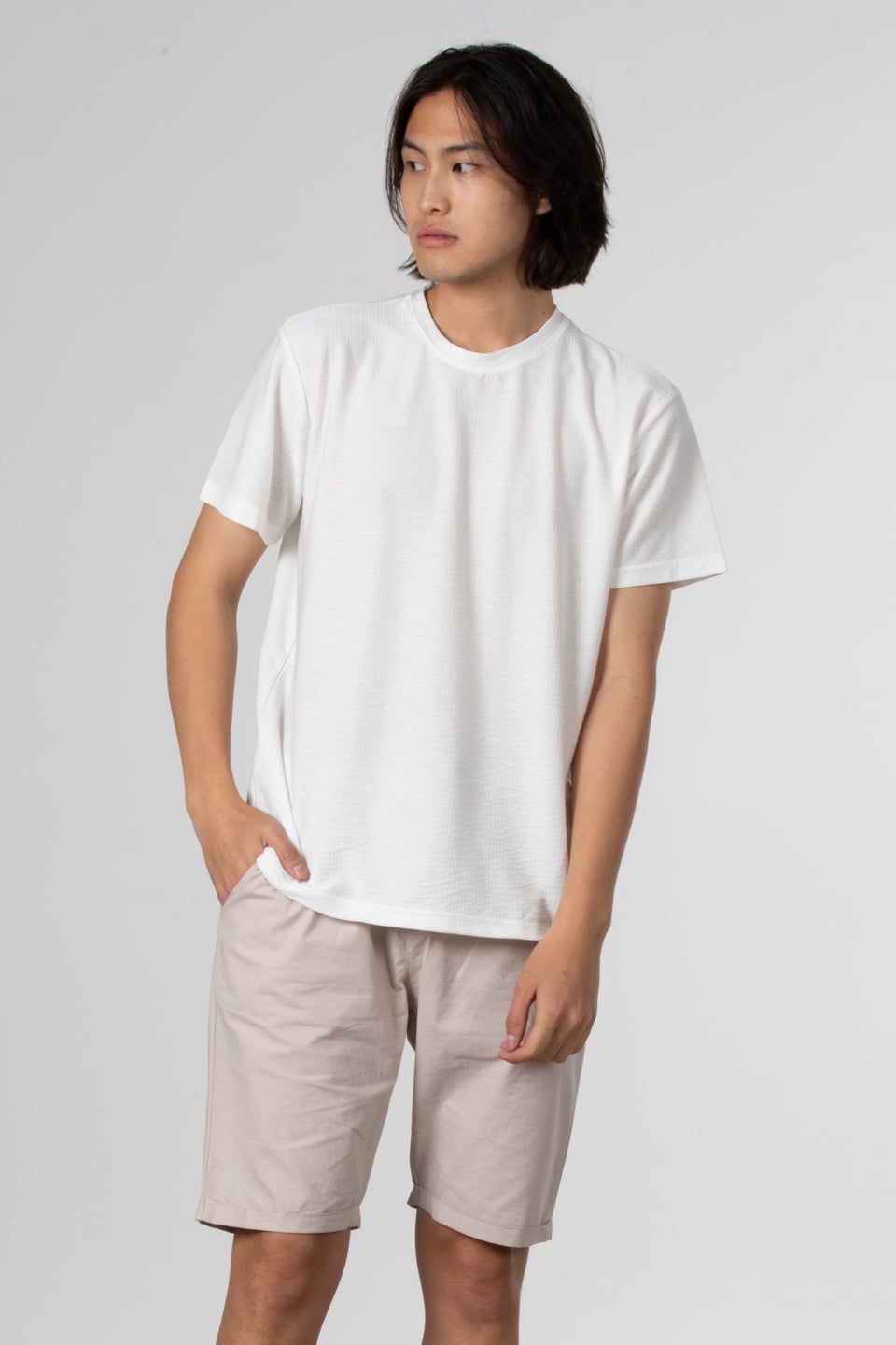 Çizgili gofre bisiklet yaka t-shirt-8027 Beyaz
